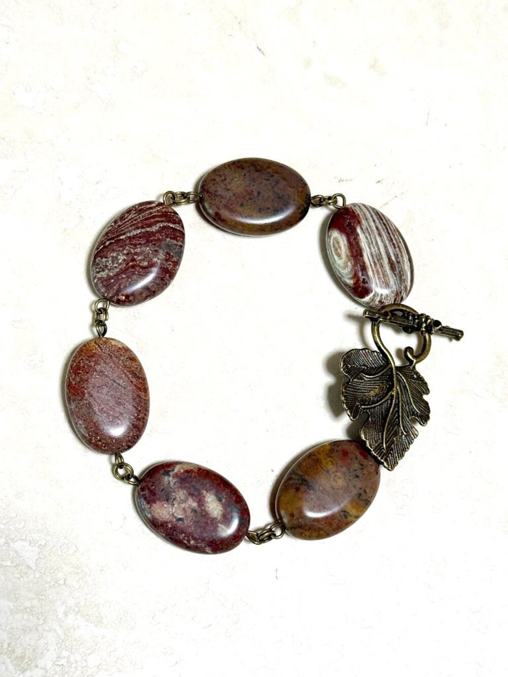 2/$20, Genuine Earthy Jasper Bracelet, Gemstone & Bronze Grape Leaf Toggle